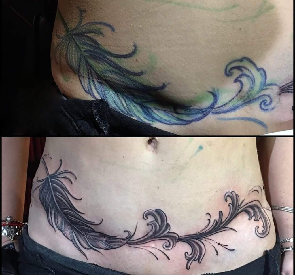 4 Bird Feather with Sea Waves Tattoo Mommy Makeover Tattoo 1